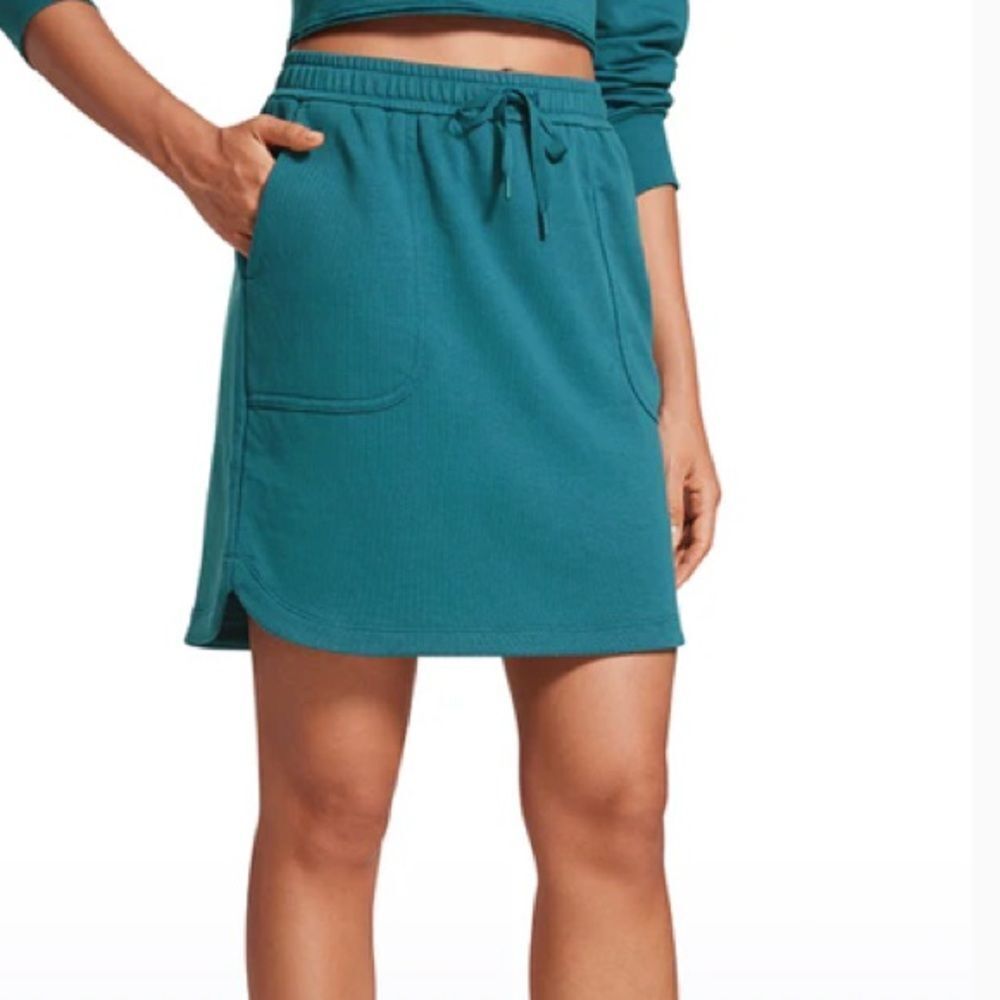 CRZ YOGA Cotton Sweat 17'' Jersey Skirt with Pockets, Green Jade, XS, NWT